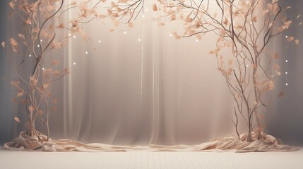 A Minimalist Empty Stage With Delicate Branches And Leaves, Set Against A Soft Background In Warm Studio Lighting.