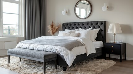 Sunrise Light Fills Modern Bedroom with Dark Gray Velvet Bed, Black Wooden Frame, and Beige Carpet