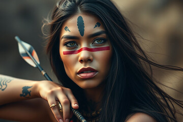 Fototapeta premium Art photo of a stressed ethnic woman with painted mask on face