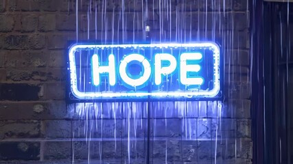 Neon billboard gradually illuminating with "Hope" message for inspiring social campaigns, mental health awareness, and community support initiatives, showcasing the power of positive messaging