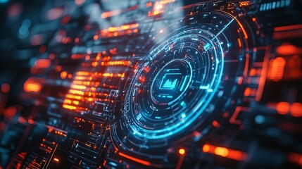 Abstract futuristic technological interface with glowing blue and orange elements