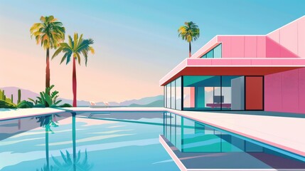 Fototapeta premium Modern Architecture Building with Swimming Pool and Trees in Vector Design Against Clear Blue Sky
