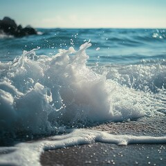 Obraz premium Beautiful foamy wave moves towards the shore. The sound of the waves is a constant song.