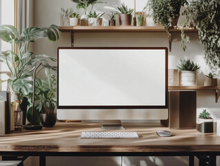 Fototapeta premium Simple modern desktop blank white computer screen mockup natural home office workspace indoor plants wood desk greenery cozy branding copy space template minimal aesthetic