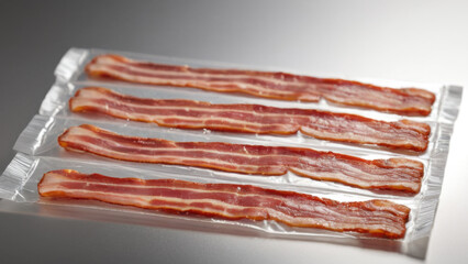 A stack of fresh bacon slices on a smooth background. This image is perfect for illustrations in culinary blogs, restaurant menus, or marketing meat products.