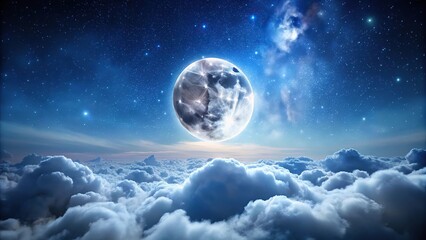 minimalist romantic moon in starry night over clouds