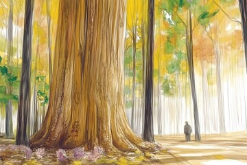 Watercolor Painting of an Autumn Forest with a Single Figure