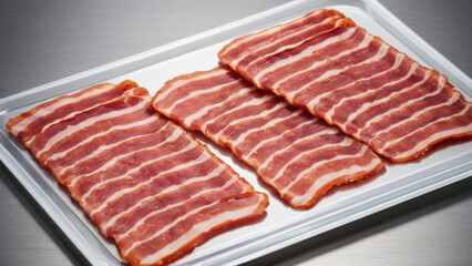 A stack of fresh bacon slices on a smooth background. This image is perfect for illustrations in culinary blogs, restaurant menus, or marketing meat products.