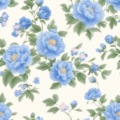 Fototapeta premium Seamless endless pattern with blue blooming peonies and leaves in beautiful vintage style