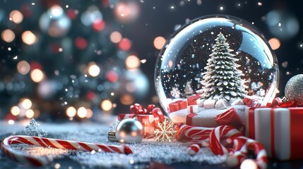 Festive Christmas scene with red ornaments, candy canes, wrapped gifts, and a snow globe, placed next to a snow-covered Christmas tree. Soft, glowing bokeh lights fill the light background.