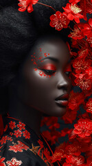 A Black African Woman With Red Hair Stands Among Vibrant Red Flowers in a Serene Setting