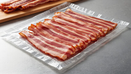 A stack of fresh bacon slices on a smooth background. This image is perfect for illustrations in culinary blogs, restaurant menus, or marketing meat products.