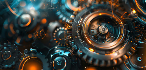 Abstract background with gears and light and dark contrasting colors, complex patterns, sci-fi style.