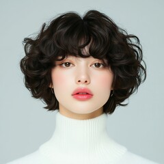 Young woman with curly shag haircut in dark brown, styled with a white turtleneck sweater