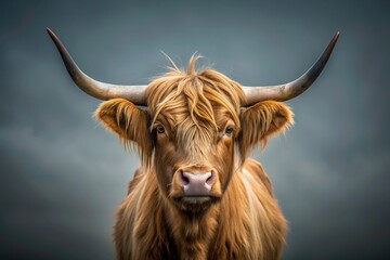 Minimalist Scottish Highland cow with horns on a grey background
