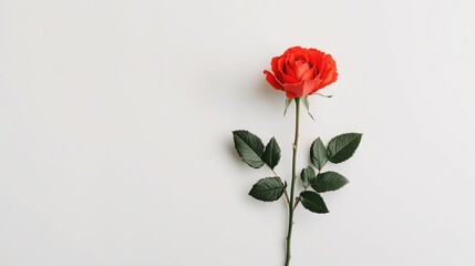 Elegant single red rose with lush green leaves on minimalist white background for romantic designs