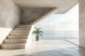 Minimalist empty room with beige concrete walls, a window, and stairs, offering a stunning view of the sea in a photorealistic style.