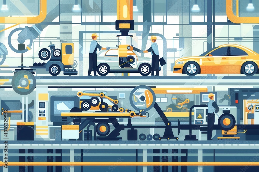 Poster workers collaborate on machinery to assemble car components in a bustling automotive production faci