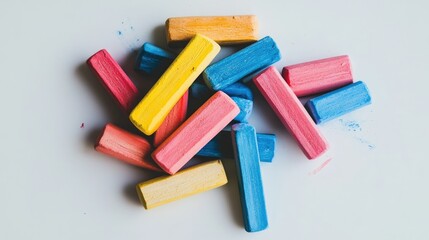 An assortment of chalk sticks in vibrant pastel colors, randomly placed on a smooth white surface, symbolizing art and creativity