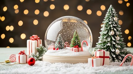 Festive Christmas scene with red ornaments, candy canes, wrapped gifts, and a snow globe, placed next to a snow-covered Christmas tree. Soft, glowing bokeh lights fill the light background.