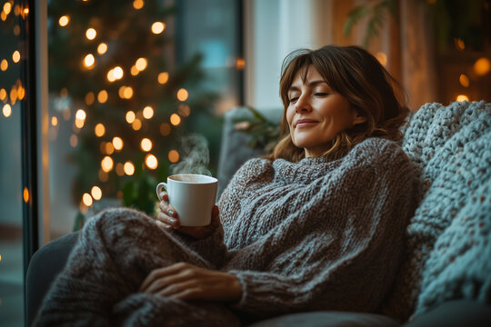 Middle aged woman relaxing with cup of hot drink sits comfortably by the window, wrapped in cosy knitted sweater and admiring the snow-covered landscape outside. Lady dreaming. Cozy winter at home. - Powered by Adobe