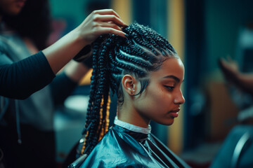 Close up skilled hairstylist is meticulously braiding hair of afro American female client in the barber salon. Black healthy hair culture and Style. Stylish therapy professional care concept.