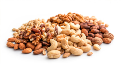 A Detailed Arrangement of Mixed Nuts Showcasing Various Types on a Clean White Background