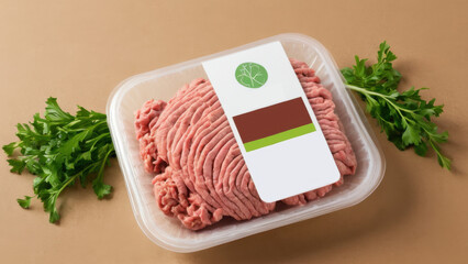 Fresh ground turkey in eco-friendly packaging alongside a piece of meat and fresh greens. A perfect option for a nutritious meal, suitable for a variety of dishes.