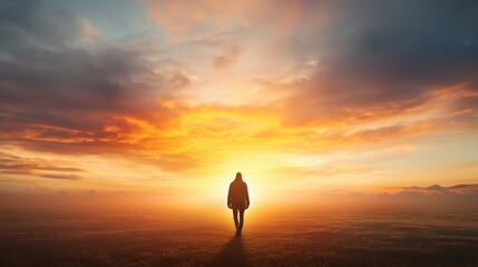 A person walking towards a glowing sunrise, symbolizing the dawn of a positive day.