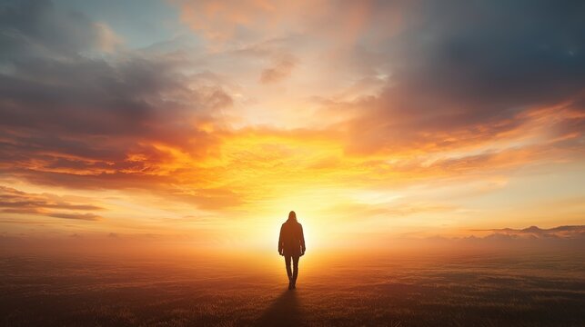 A person walking towards a glowing sunrise, symbolizing the dawn of a positive day.