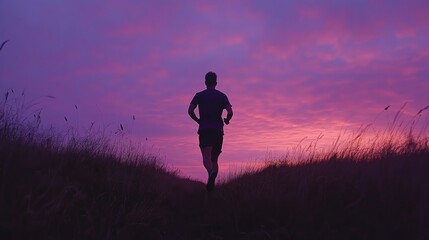 A lone runner silhouetted against a vibrant sunset sky as he runs through a field of tall grass.