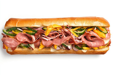 A long sub sandwich with ham, cheese, and vegetables