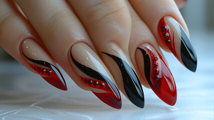 Elegant Red and Black Valentines Nail Art Design Featuring Stunning Embellishments