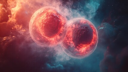 Two cells joined together, symbolizing cell fusion in the process of elimination. The background is light blue with a subtle cloud pattern to emphasize the medical theme