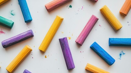 An overhead shot of colorful chalk sticks in a variety of hues, spread out on a white background, perfect for education or creativity themes