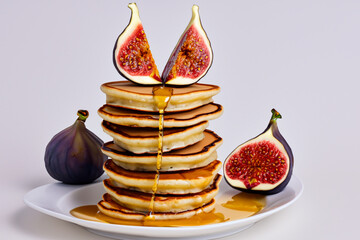 Plate of food with pancakes, figs, honey and other foods. sweet breakfast pancake concept. a stack of pancakes with figs, honey, and a shaved egg. a stack of food with figs, honey, and of a sprig.