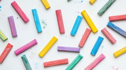 An overhead view of colorful chalk sticks laid out in various directions on a white background, symbolizing artistic expression