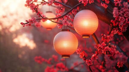 Fototapeta premium Red Lanterns Hanging from a Branch of Pink Blossoms