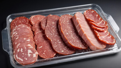 An assortment of premium deli meats displayed in a tray, showcasing vibrant colors and inviting textures. Perfect for gourmet dishes, sandwiches, or festive gatherings."