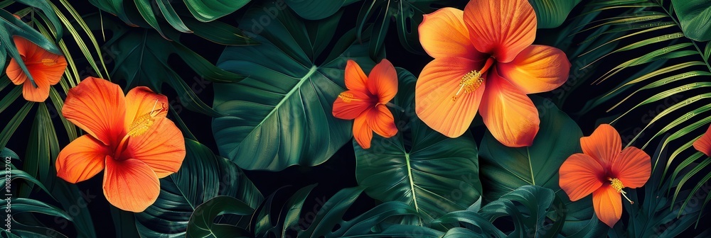 Sticker Large, lush tropical leaves surround vibrant orange flowers, showcasing nature's beauty in a thriving garden setting. Generative AI