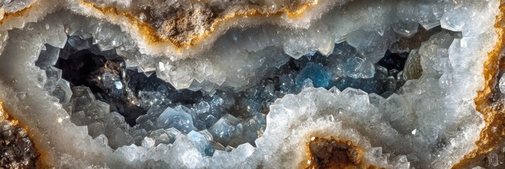 Glittering Geode Crystals, intricate close-up of sparkling crystals within a geode rock formation, showcasing natural beauty and geological wonder