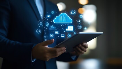 Businessman holding a tablet with a cloud computing concept.