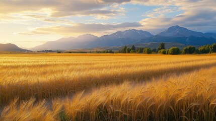 Fototapeta premium Barley crops bathed in soft morning light, with mountains visible in the background under a bright sky.