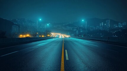 Obraz premium A long, empty highway stretches into the distance, disappearing into the night-time cityscape, illuminated by streetlights.
