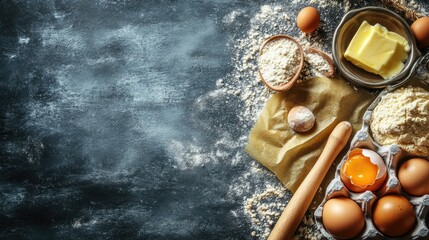 Dark rustic background with baking ingredients. Perfect for food blog posts and recipes.