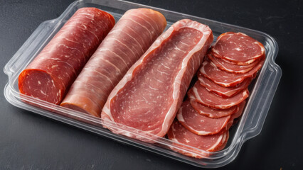 An assortment of premium deli meats displayed in a tray, showcasing vibrant colors and inviting textures. Perfect for gourmet dishes, sandwiches, or festive gatherings."