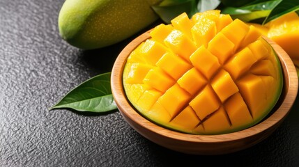 Fresh tropical mango cut in wooden bowl with space for text on textured background - perfect for culinary and health content