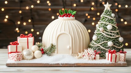 Festive Christmas scene with red ornaments, candy canes, wrapped gifts, and a snow globe, placed next to a snow-covered Christmas tree. Soft, glowing bokeh lights fill the light background.