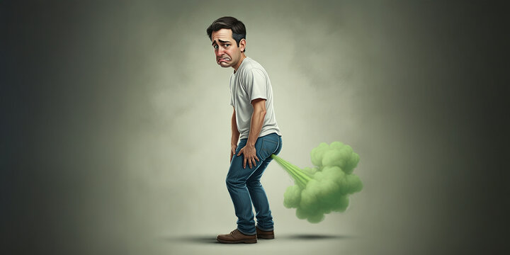 Sad Man Farting a Green Cloud Mist, Gross Breaking Wind Flatulence, Toot Passing Gas