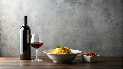 Minimalist table setting with wine, pasta, and sauce